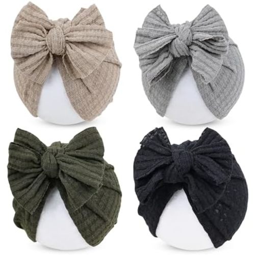 Cinaci 4 Pieces Baby Girls Turban Hats with Bow Newborn Hospital Caps Bonnets Beanies Headwraps for Infants Toddlers