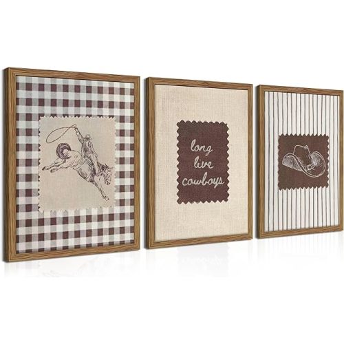 Western Wall Art Set of 3, Vintage Long Live Cowboy Canvas Wall Decor Paintings, Retro Striped Southwestern Artwork Prints Pictures for Nursery Bedroom Living Room 12x16 Inch Wood Framed