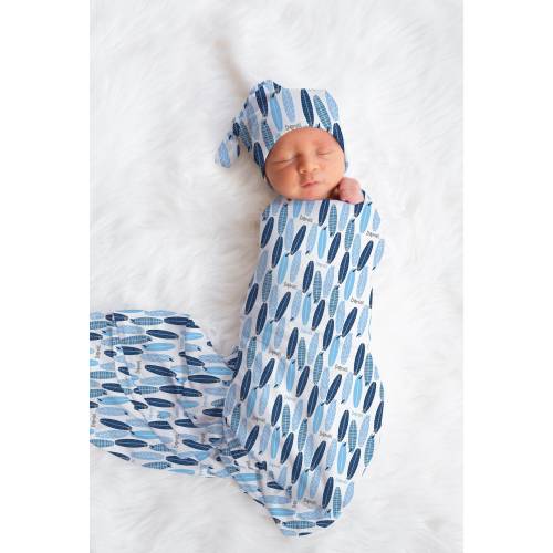 Personalized Surf Swaddle Blanket, beach baby swaddle blanket, surfer baby blanket, beach going home swaddle and hat or headband, surfboard
