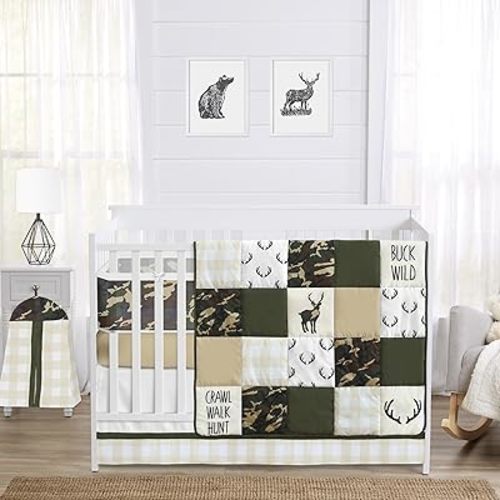 Sweet Jojo Designs 6-Piece Baby Crib Bedding Set (Woodland Camo Deer) for Boys, Infants/Nursery incl. BreathableBaby Mesh Liner Blanket, Fitted Sheet, Skirt, Diaper Stacker (Rustic, Forest Animal)