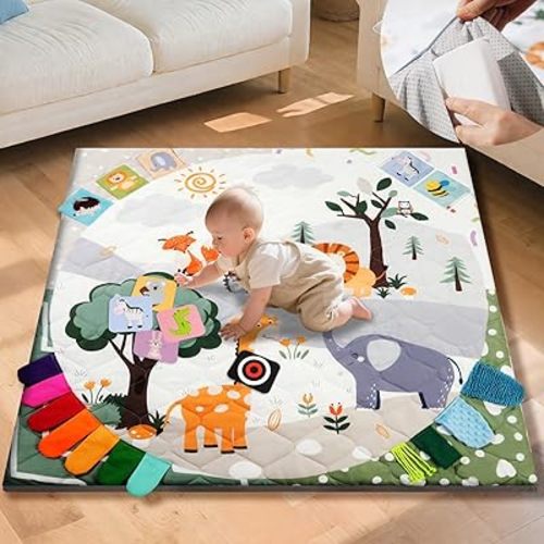 TINYHARBO Premium Foam Baby Play Mat 50x50, 4 Developmental Zones Play Mat with Removable & Machine Washable Cover, Extra Thick Padding Playpen Mat, Easy to Clean for Infants, Toddlers & Babies