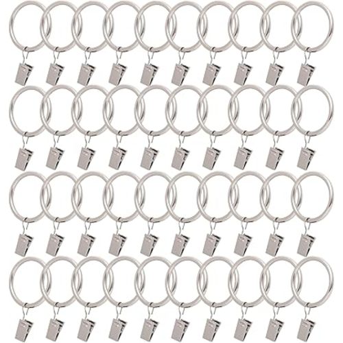 40 Pack Curtain Rings with Clips, Window Clip Rings Curtain Hooks Hangers Clip Rings for Hanging Drapery Drapes Bows, Small 1.26 Inch Diameter, Fits up to 1" Rod,Matte Silver