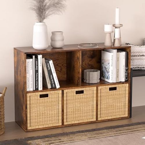 Wooden 5 Cube Storage Organizer with Closed Back Panel,White Cube Shelf Cubby Storage Organizers with Compartments for Living,Bookshelf,Organizers Easy to Install (Retro Brown, 5 Cube)