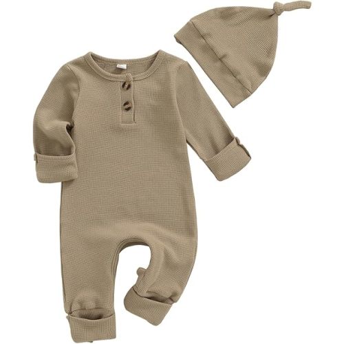 Infant Boys Girls Clothes Set Newborn Baby Romper Hat Ribbed Knit Long Sleeve Button Solid Bodysuit Jumpsuit