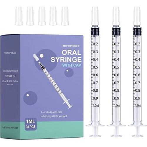 30 Pcs 1ml Syringes with Caps Oral Dispenser Individually Sterile Warpped for Medicine Dropper, Colostrum Collect Feeding Pets, Liquid