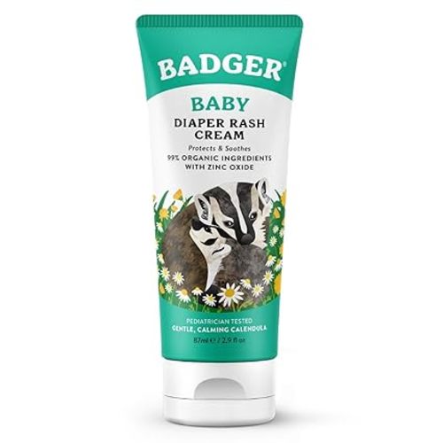 Badger Baby Diaper Rash Cream, Zinc Oxide Diaper Cream for Babies, Natural Skin Barrier Cream with Organic Sunflower Oil & Beeswax, 2.9 fl oz