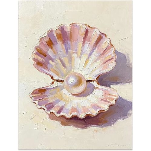 Pink Pearl Shell Wall Art Coastal Canvas Print Pastel Oyster Shell Poster for Bathroom Bedroom Beach House Decor 16x20in Unframed