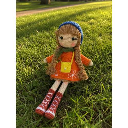 Handmade Crochet Doll, Braided Hair, Orange Dress, Autumn Amigurumi Plush Toy, Cottagecore Decor