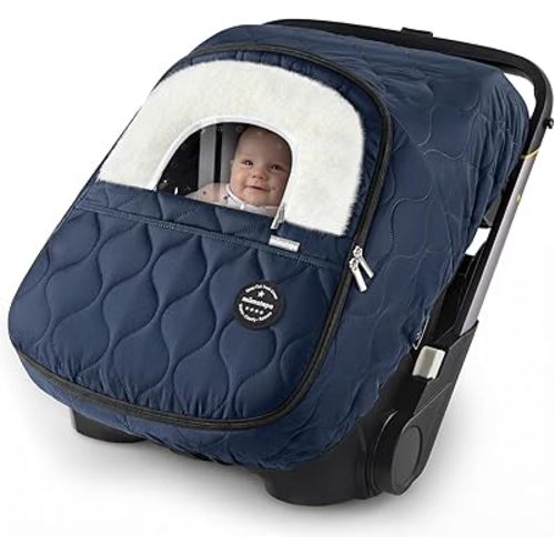 Winter Baby Car Seat Cover, Waterproof, Windproof Warm Winter Car Seat Cover for Doona Car Seats and Strollers,Fleece Breathable Car Seat Cover Baby with Full Zipper, Navy