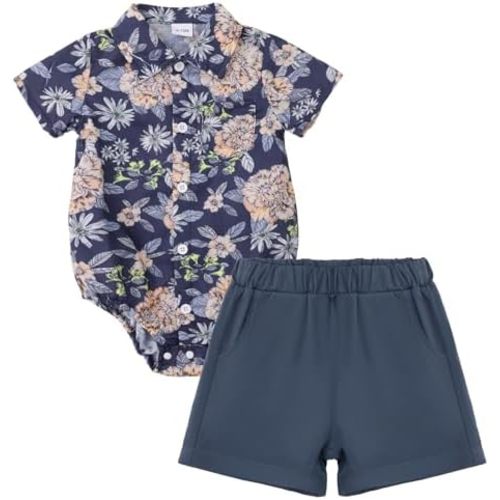ODASDO Conjunto de mameluco y pantalones cortos hawaianos para bebé, traje de verano de 2 piezas, ropa de playa con estampado tropical para bebés y niños pequeños