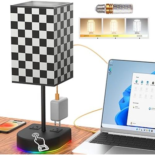 Touch Control Bedside Table Lamp with 12W LED Light Bulb and Chess Board Fabric Shade,2 AC Outlet, 3 Color Modes,for Bed Room/Nightstand/Office/Living Room Guest Room