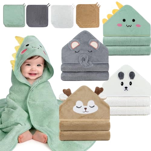 14PCS Baby Bath Towels Set, Includes 4 Hooded Towels (31.5”x31.5”) & 10 Washcloths, Ultra Soft & Absorbent Coral Fleece, for Newborn to Toddler, Essential