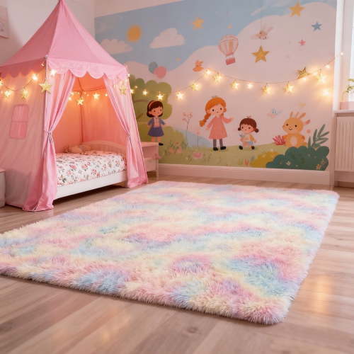 Soft Rainbow Area Rugs for Girls Room, Fluffy Colorful Rugs Cute Floor Carpets Shaggy Playing Mat for Kids Baby Girls Bedroom Nursery Room, 5'×8',Rainbow