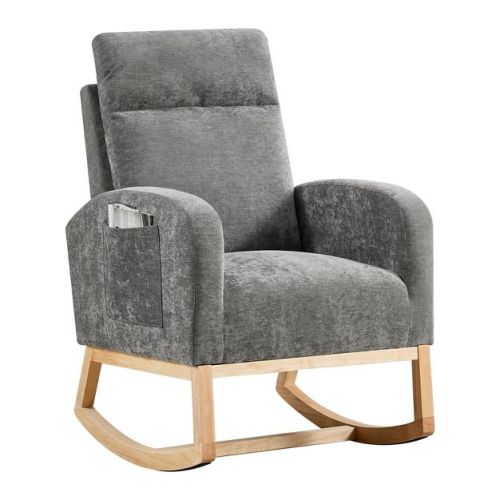 GustoWave Modern Solid Wood Rocking Chair for Nursery, Comfy Upholstered Fabric Rocking Armchair with Side Pockets