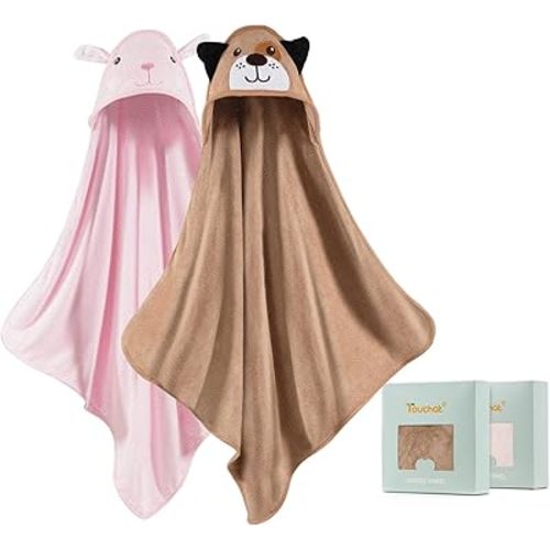 Touchat Hooded Baby Towels, Toddler Baby Bath Towels for Boy Girl 0-5 Year, 2-Pack Soft Absorbent Towels with Hood, Large Towel Set for Babies, Infant, Newborn Essential