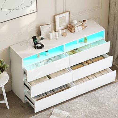 White Dresser, 6 Drawer Dresser for Bedroom with LED Lights, Power Outlet, Modern Wood Chest of Drawers for Closet, Double Wide Drawer Organizer Cabinet for Bedroom, Living Room, Entryway, Hallway