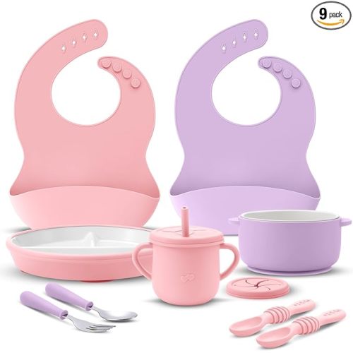 Teenyyou 9 Pcs Porcelain Kids Plates and Bowls Feeding Set with Suction, Ceramic Baby Toddler Divided Plates Silicone Sleeve Bowls Forks Spoons Cup Bib Microwave Dishwasher Safe(Pastels)