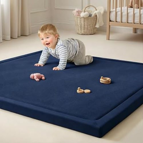 Goyuu Ultra Soft 1.3" Thick Baby Play Mat for Floor, 50x50 Playpen Mat Elasti-Foam Padded Crawling Mat for Babies, Toddlers, Infant, Kids, Non-Slip Backing Safe for Tummy Time, Dark Blue