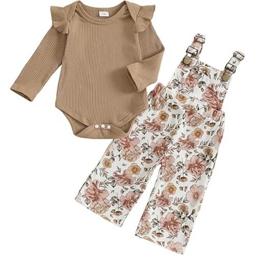 Newborn Baby Girl Fall Outfits Ribbed Long Sleeve Rompers Suspender Overalls Pants Sets Infant 2Pcs Clothes