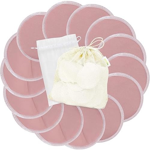 wegreeco Nursing Breast Pads (14 Pack) + Laundry Bag & Travel Storage Bag, 4.7 inch - Washable & Reusable Breastfeeding Nursing Pads (Mild Pink, Large, Contoured & Plain Shape)
