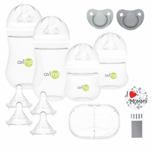Avima Newborn Baby Bottle Starter Set Includes 4 & 9 oz Anti-Colic Wide Neck Bottles w/ Slow and Medium Flow Nipples - 12 Piece Set