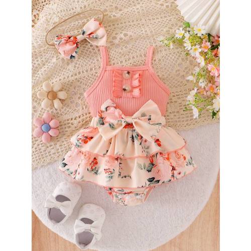 2pcs Baby Girls Floral Layered Ruffled Patchwork Romper Dress With Bow Decoration, Cinched Waist, & Matching Headband/Hair Tie, Summer Countryside Style | SHEIN USA