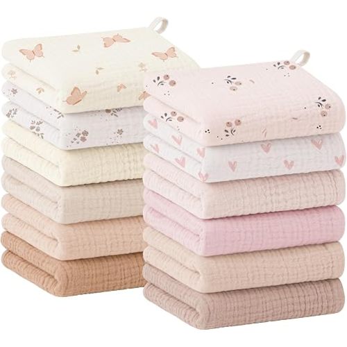 Bearmoss 12 Pack Baby Muslin Washcloths, 100% Cotton 10"x10" Face Towels | Soft Absorbent Bath Wash Cloths and Burp Cloths for Newborn Infants Kids Girls & Boys (Pink Brown)