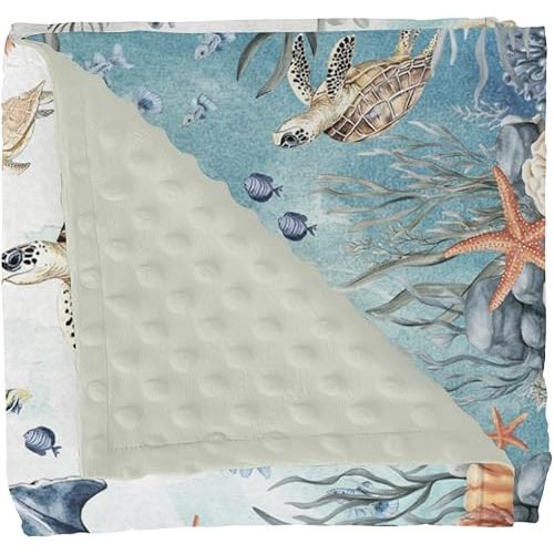Vintage Sea Baby Blankets for Girl Boy Boho Whale Shark Turtle Fishes Coral Seaweed Soft Mink Dotted Backing Double Layer Swaddle Blanket Ocean Marine Coastal Bed Throws for Toddler Nursery 30x40