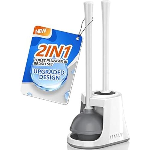 Toilet Plunger and Brush with Holder, Bowl Brush and Heavy Duty Toilet Plunger Set with Ventilated Holder, 2-in-1 Toilet Brush and Plunger Combo for 5.3-inch Toilet Drain New Pack (White, 1)