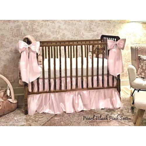 Pearl Pink Girl's Crib Set -Satin or soft Taffeta- Full soft skirt with 2, 3 or 4 large bows! Free shipping!