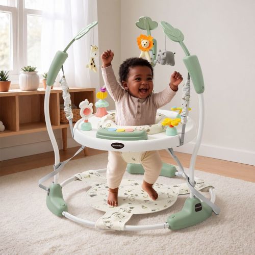 Kinder King Baby Activity Center Jumper, 360° Rotating Seat, 3-Level Adjustable Height, Interactive Toys, Removable Foot Mat, Green