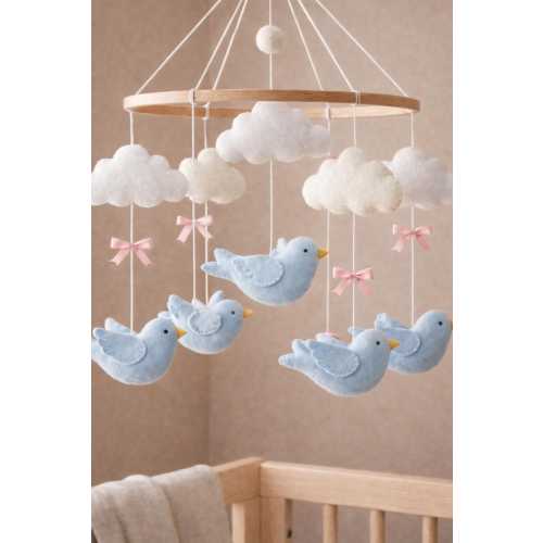 Baby Blue Bird Crib Mobile – Cinderella Nursery Decor – Felt Baby Mobile with Clouds – Princess Nursery – Baby Shower Gift