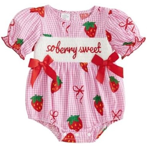 Newborn Baby Girl Strawberry Onesie Short Sleeve Smocked Bubble Romper Gingham Plaid Bodysuit Infant Summer Outfit