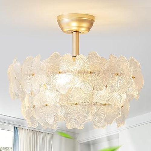 youngrender Gold Crystal Fandelier Ceiling Fan with Light, 20" Gold Flower Ceiling Fans with Lights Remote Control, Mid-Century Caged with 6 Speeds for Bedroom, Nursery, Living Room