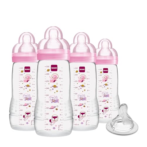 MAM Easy Active Baby Bottles 11 oz with Bonus Nipple, Fast Flow Skinsoft Silicone Nipple with Wide Neck Ergonomic Design, Easy to Hold, BPA-Free Bottles with Leak-Proof Caps for 4+ Months Baby, Girl