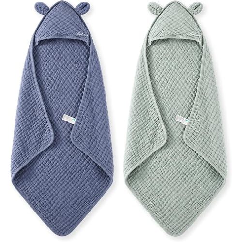 Momcozy Baby Towels, 6-Layer 100% Cotton Muslin Hooded Baby Towel Set for Newborn, Infant & Toddler, Soft Absorbent Baby Bath Essentials, Large 32 x 32 Inch