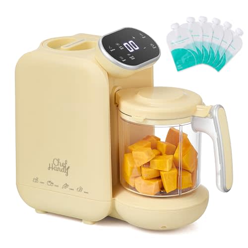 Chefhandy Baby Food Maker, Steamer & Blender with Stainless Steel Basket, Puree Maker with Auto/Manual Blend, Bottle Warmer & Sterili-zer, Safe & Easy-to-Clean Compact Baby Food Processor (Yellow)