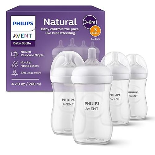 Philips Avent Natural Baby Bottles with Natural Response Nipples (Medium Flow, Flow 3), 9oz, 4-Pack, SCY903/04