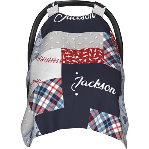 Personalized Baseball Baby Car Seat Canopy for Babies with Name, Custom Sports Car Seat Covers Boys Girls, Peekaboo Opening Minky Nursing Breastfeeding Cover Infant Car Seat Canopies for Newborn
