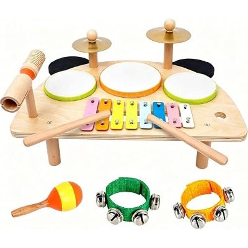 Kids Drum Set, Montessori Musical Instruments for Toddlers 1-6, Wooden Toys Montessori Music Table, Xylophone Drum Kit, Birthday for Boys Girls