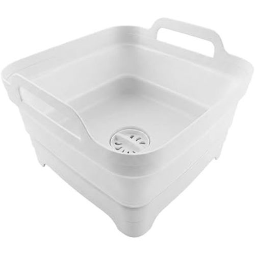 Collapsible Wash Basin with Drain Plug, Foldable Multiuse Storage Bucket, Space Saving Camping Sink, Portable Dish Washing Tub for Camping, RV, Vegetable Washing, Kitchen (White)