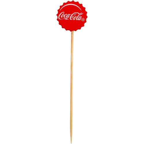 TableCraft 12290 Coca-Cola Red Bottle Cap Decorative Picks, 4.5” Bamboo & Pinewood, Nostalgic Single-Use Garnish for Cocktails, Appetizers, Cupcakes & Sliders, Retro Party Decor, Pack of 100