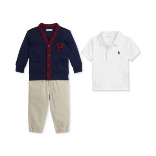 Baby Boys Fleece Cardigan, Mesh Polo Shirt & Chino Pant Set