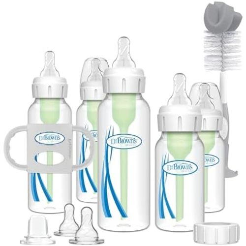 Dr. Brown's Natural Flow Anti-Colic Options + Narrow Bottle to Sippy Gift Set with Soft Silicone Sippy Spout, Removable Silicone Handles, Travel Cap and Bottle Brush