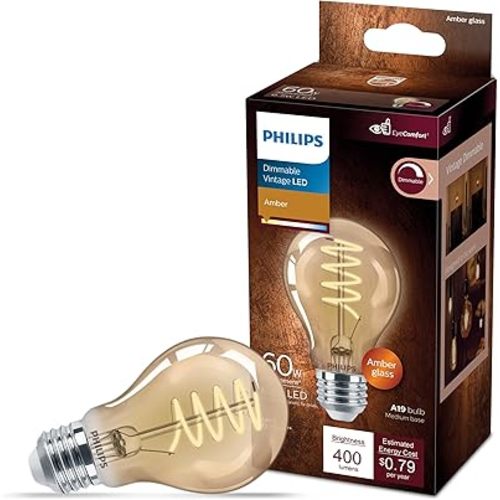 60W A19 1-Pack Vintage Edison Spiral Amber (2000K) 400 Lumen (6.5W = 60W) Dimmable Flicker-Free Light Bulb