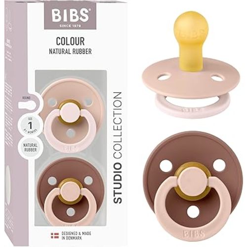 BIBS Colour Studio Pacifier 2-Pack, BPA Free, Round Nipple. Natural Rubber Latex, Made in Denmark, Size 1 (0-6 Months) - Blush/Woodchuck
