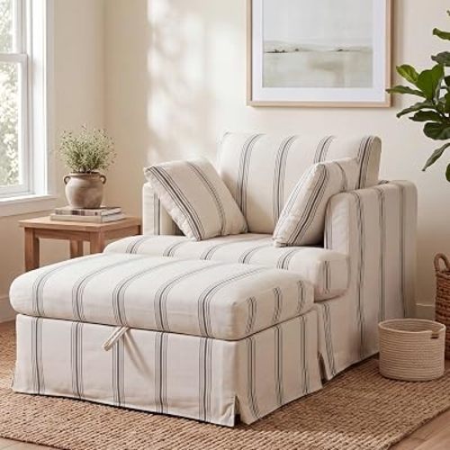 Coastal Accent Armchair with Storage Ottoman, 40.2", Chenille, Black Stripe