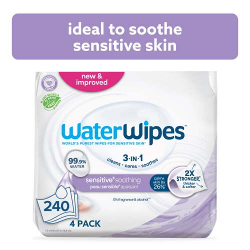 WaterWipes Sensitive Soothing Wipes, 3-In-1 Cleans, Cares, Soothes, 99% Water with Botanical Extract, Unscented & Hypoallergenic Baby Wipes, 4 Packs (240 Wipes)