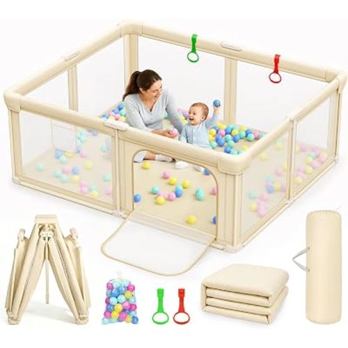 59"X71" Foldable Baby Playpen with Mat Play Pen for Baby and Toddler Beige
