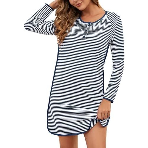 VibeVista Nightgowns for Women Soft Cotton Striped Sleepwear Sleep Shirts Long Sleeve Crew Neck House Dresses Night Gown